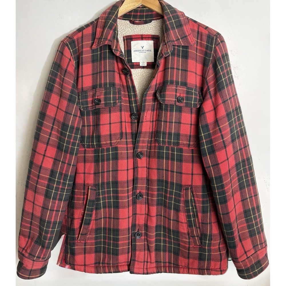 American Eagle Sherpa Lined Plaid Shacket Jacket Mens Medium Red Flannel